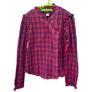 Vintage Chic by h.i.s. Size M plaid ruffle trim blouse.